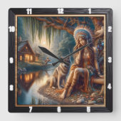 先住民の聖域:川の流れの朝の光 スクエア壁時計 (正面)