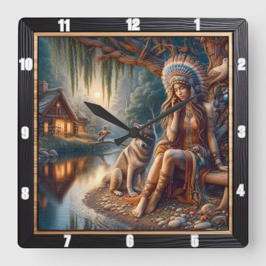 先住民の聖域:川の流れの朝の光 スクエア壁時計 (正面)