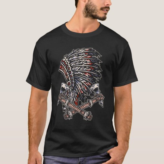 先住民の誇り ヘッドドレス 斧 部族 ネイティブ Tシャツ (正面)