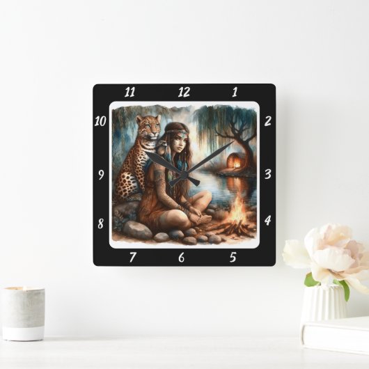 先住民の輝き:タイガーの轟音の森の輝き スクエア壁時計 (ホーム)