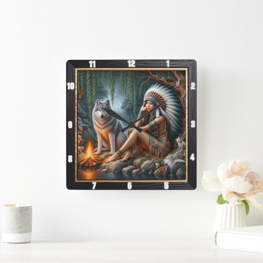 先住民の輝き:森の輝く朝の歌 スクエア壁時計 (ホーム)