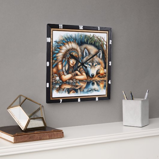 先住民の集まり:聖なる火石知恵 スクエア壁時計 (オフィス)