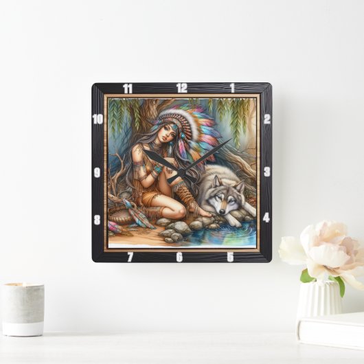 先住民の静けさ:シルバーポンド夕べ平和 スクエア壁時計 (ホーム)