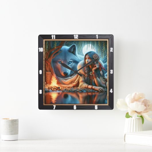 先住民の静寂：川の端Twilight Calm スクエア壁時計 (ホーム)