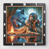 先住民の静寂：川の端Twilight Calm スクエア壁時計 (正面)