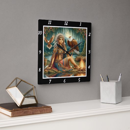 先住民の風:イーグルのグライドマウンテンのピーク スクエア壁時計 (オフィス)