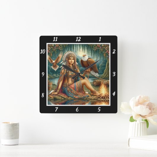 先住民の風:イーグルのグライドマウンテンのピーク スクエア壁時計 (ホーム)