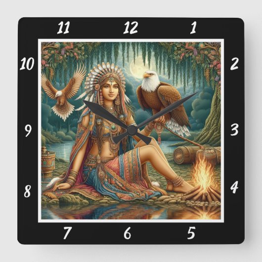 先住民の風:イーグルのグライドマウンテンのピーク スクエア壁時計 (正面)