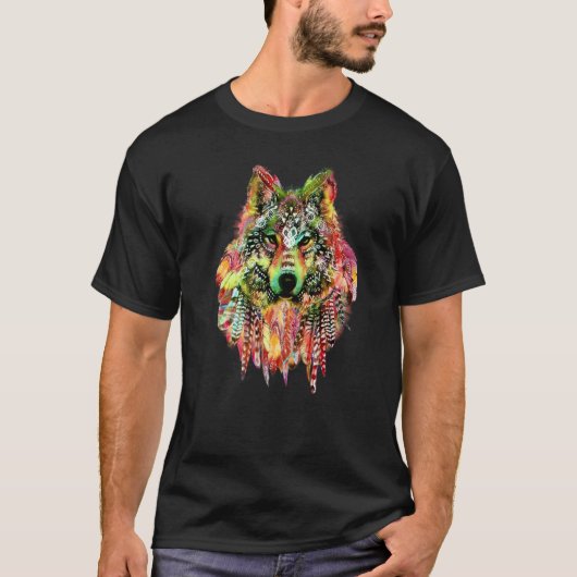 先住民またはトライバルボーオウルフの羽かわいらし毛 Tシャツ (正面)