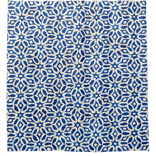 先住民ろうけつ染め水芸術的色ブルーとホワイトpa シャワーカーテン (正面)