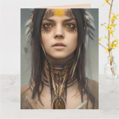 先住民アメリかわいらしカ女性ガールアート誕生日 カード (黄色い花)