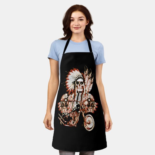 先住民アメリカインディアンのチーフスカルモーターサイクルヘッド エプロン (着用した状態)