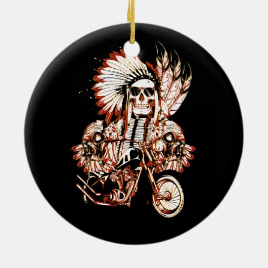 先住民アメリカインディアンのチーフスカルモーターサイクルヘッド セラミックオーナメント (裏面)