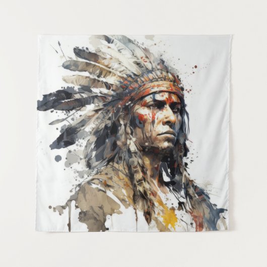 先住民アメリカインディアンポートレート戦士絵画ズ タペストリー (正面)