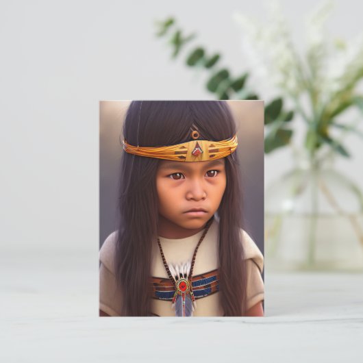 先住民アメリカインディアン小さな女の子ボーイ葉書 ポストカード (スタンド正面)