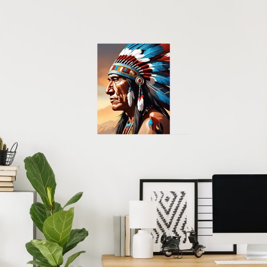 先住民アメリカインディアン首長羽毛 ポスター (ホームオフィス)