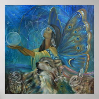 先住民アメリカオオカミ絵画ウウサギ ポスター