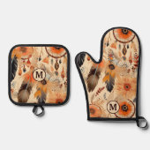 先住民アメリカドリームキャッチャー模様モノグラム 鍋つかみ&鍋敷きセット (正面)