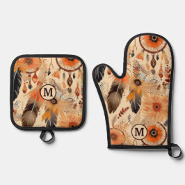 先住民アメリカドリームキャッチャー模様モノグラム 鍋つかみ&鍋敷きセット