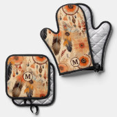 先住民アメリカドリームキャッチャー模様モノグラム 鍋つかみ&鍋敷きセット (正面/裏面)