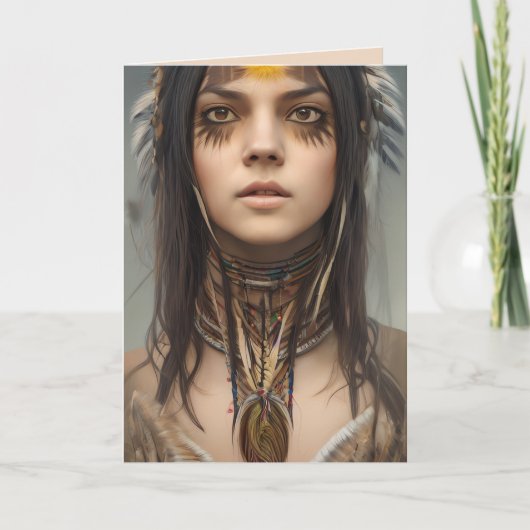先住民アメリカンインディアンガールアート誕生日 カード (正面)