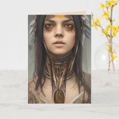 先住民アメリカンインディアンガールアート誕生日 カード (黄色い花)