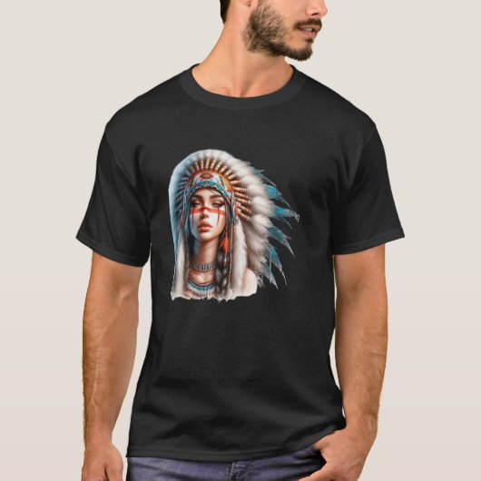 先住民アメリカンウィメンズ先住民インディアントライアートヘリ Tシャツ (正面)