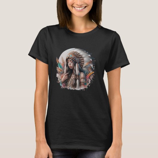 先住民アメリカンウィメンズ先住民インディアントライアートヘリ Tシャツ (正面)