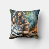 先住民アメリカンウィメンバイキャンプファイアウィズウルフ クッション (裏面)