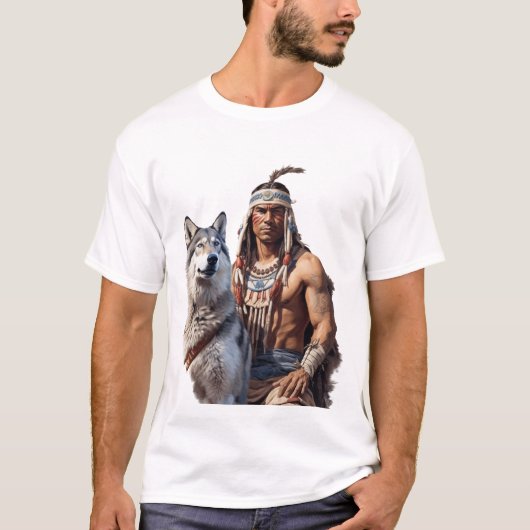 先住民アメリカンウォリアーとオオカミ Tシャツ (正面)