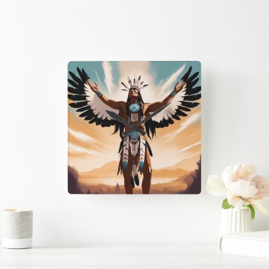 先住民アメリカンウォリアー時計 スクエア壁時計 (ホーム)