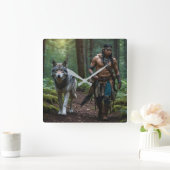 先住民アメリカンウォリアー&ウルフワイルドライフデザイン スクエア壁時計 (ホーム)