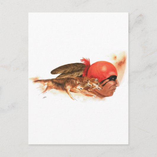 先住民アメリカンウルフクランチェロキーインディアンウォリアー ポストカード (正面)