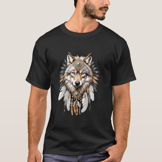 先住民アメリカンウルフフェザーヘアドスハンターメンズ Tシャツ (正面)