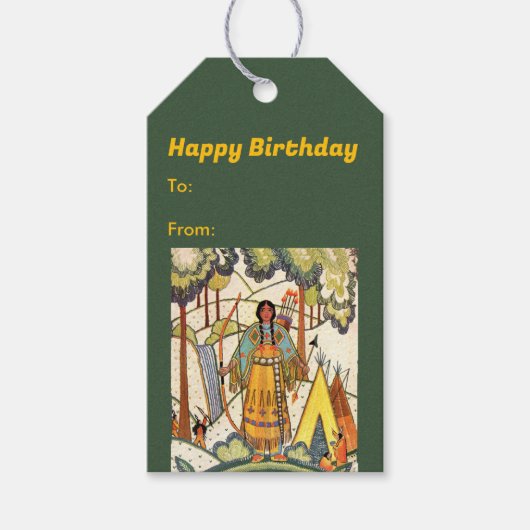 先住民アメリカンウーマンウッズウォーターフォール刺繍 ギフトタグ (正面)