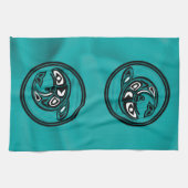 先住民アメリカンオルカホエールターコイズ キッチンタオル (横)