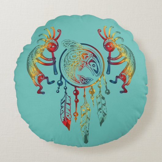 先住民アメリカンココペリホエールドリームキャッチャー1 ラウンドクッション (正面)