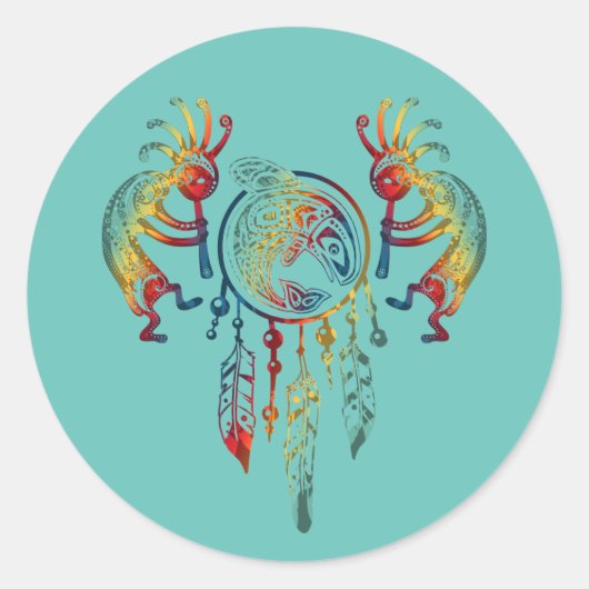 先住民アメリカンココペリホエールドリームキャッチャー1 ラウンドシール (正面)