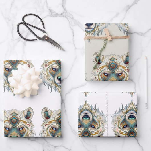 先住民アメリカンスピリチュアルウルフ ラッピングペーパーシート (正面)