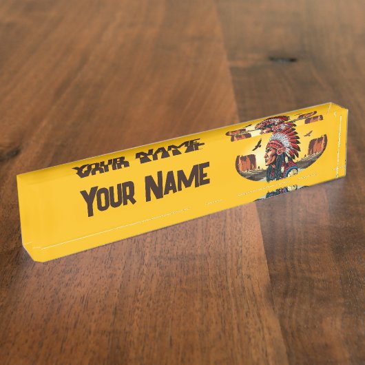 先住民アメリカンチーフオンワイルドランドスケープサンセットペン デスクネームプレート (側面)