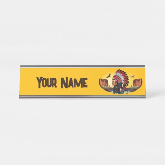 先住民アメリカンチーフオンワイルドランドスケープサンセットペン デスクネームプレート (正面)