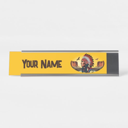 先住民アメリカンチーフオンワイルドランドスケープサンセットペン デスクネームプレート (正面)