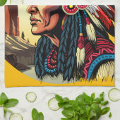 先住民アメリカンチーフオンワイルドランドスケープサンセット キッチンタオル (折り畳み)