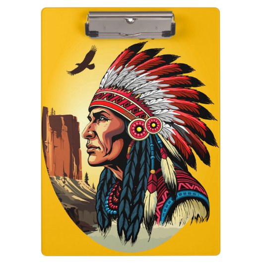 先住民アメリカンチーフオンワイルドランドスケープサンセット クリップボード (正面)