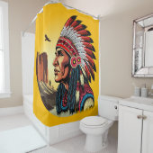 先住民アメリカンチーフオンワイルドランドスケープサンセット シャワーカーテン (インサイチュ)