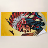 先住民アメリカンチーフオンワイルドランドスケープサンセット ビーチタオル (正面)