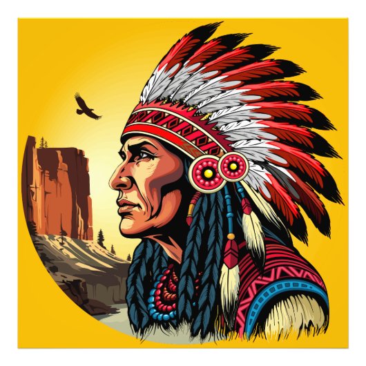 先住民アメリカンチーフオンワイルドランドスケープサンセット フォトプリント            (正面)