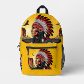 先住民アメリカンチーフオンワイルドランドスケープサンセット プリントバックパック (正面)