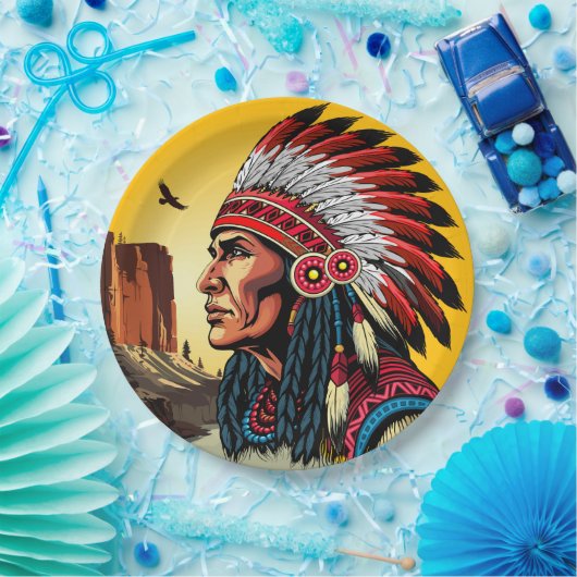 先住民アメリカンチーフオンワイルドランドスケープサンセット ペーパープレート (パーティー)