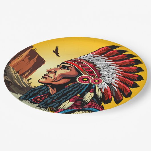先住民アメリカンチーフオンワイルドランドスケープサンセット ペーパープレート (アングル)